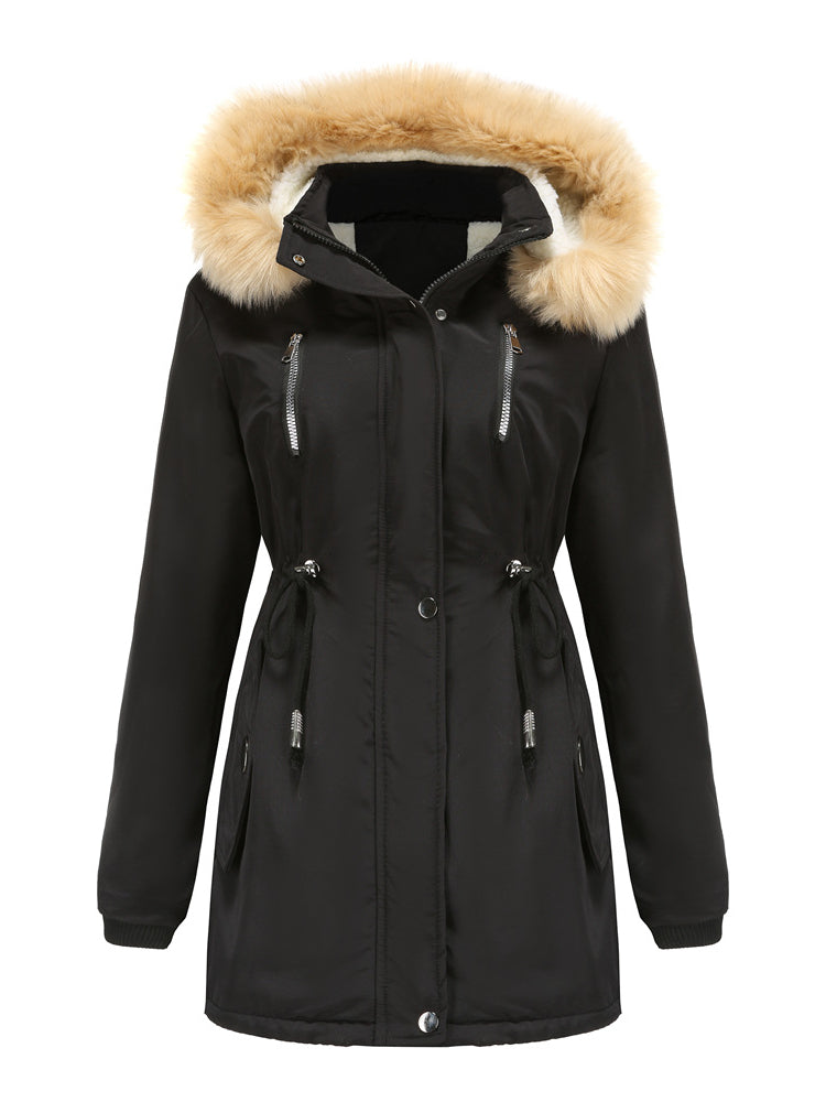 Warme Damen Winterjacke Mit Fellkapuze – Gefütterte Parka Jacke Mit Taillenzug