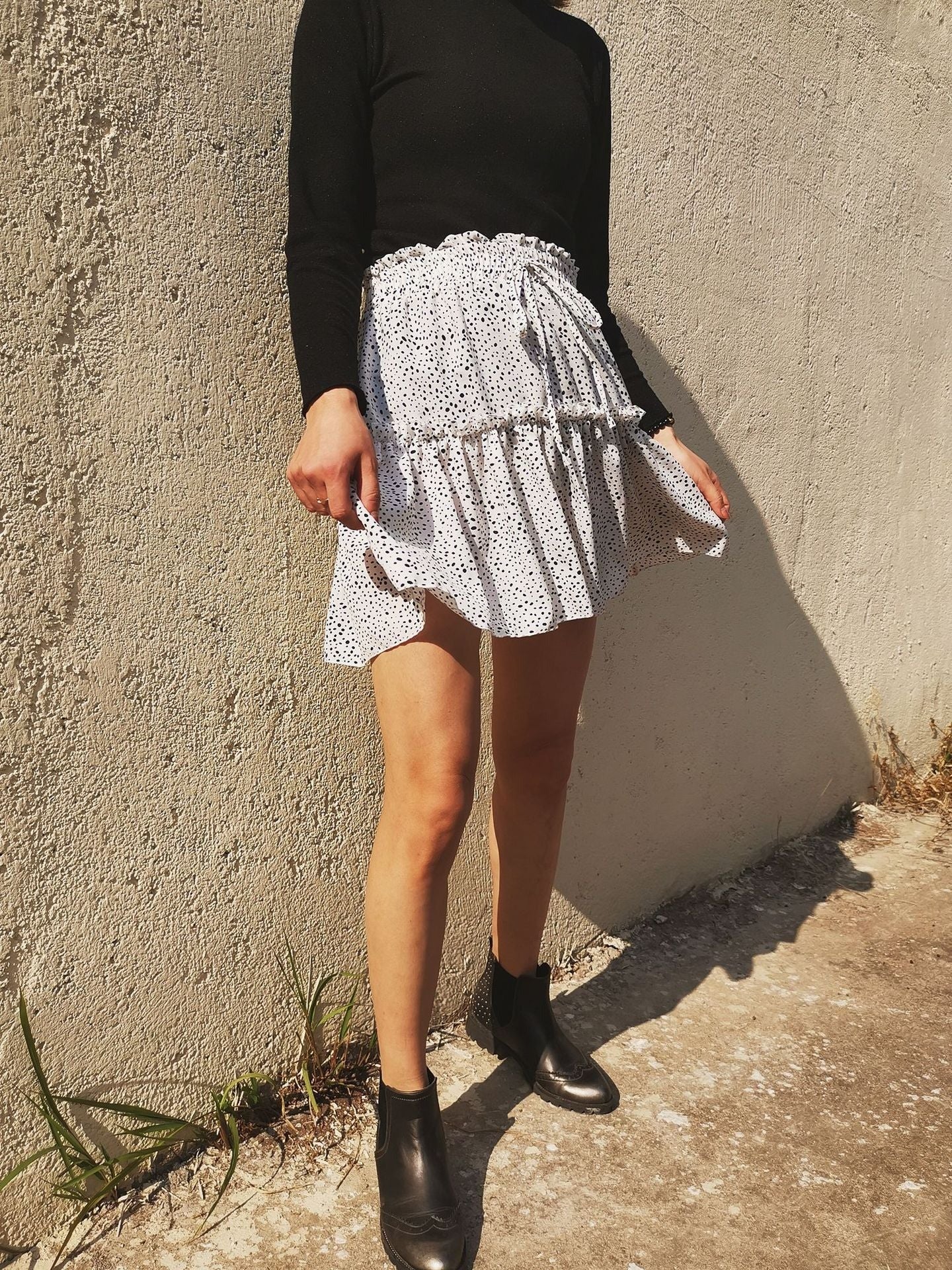 High Waist Chiffon Swing Pleated Polka Dot Mini Skirt