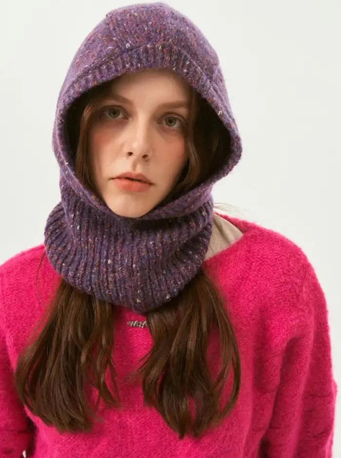 Bonnet cagoule tricoté violet, chapeau d'hiver chaud à enfiler 