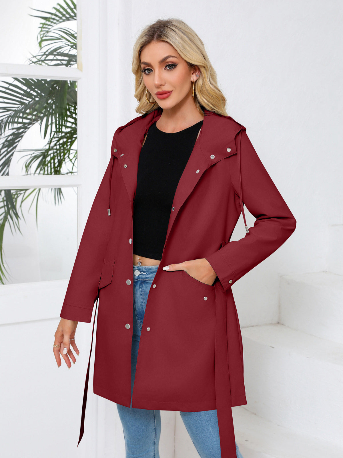 Übergangsjacke Damen Mit Kapuze – Leichter Mantel Mit Gürtel Frühling Herbst