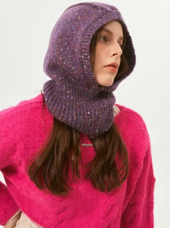 Bonnet cagoule tricoté violet, chapeau d'hiver chaud à enfiler 