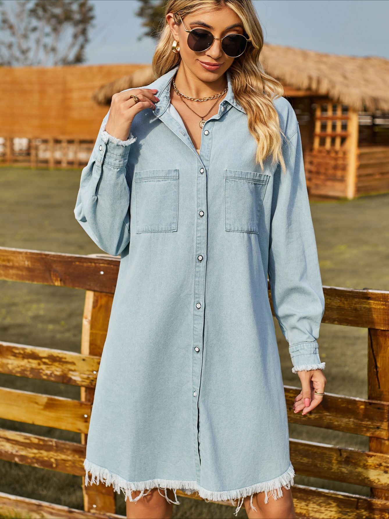 Robe chemise en jean à ourlet à franges