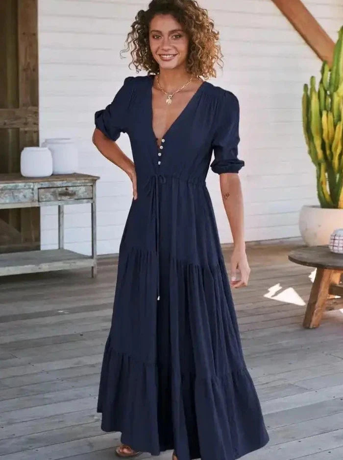 Boho Maxikleid , Lässiges Kleid mit Knopfleiste und V-Ausschnitt,