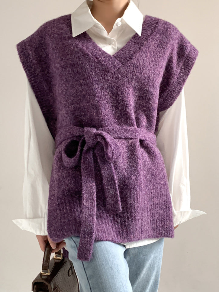 Gilet en laine avec ceinture violette