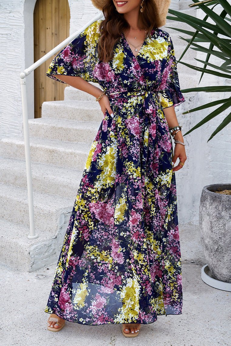 Robe mi-longue à imprimé floral, col en V, cache-cœur et ceinture 