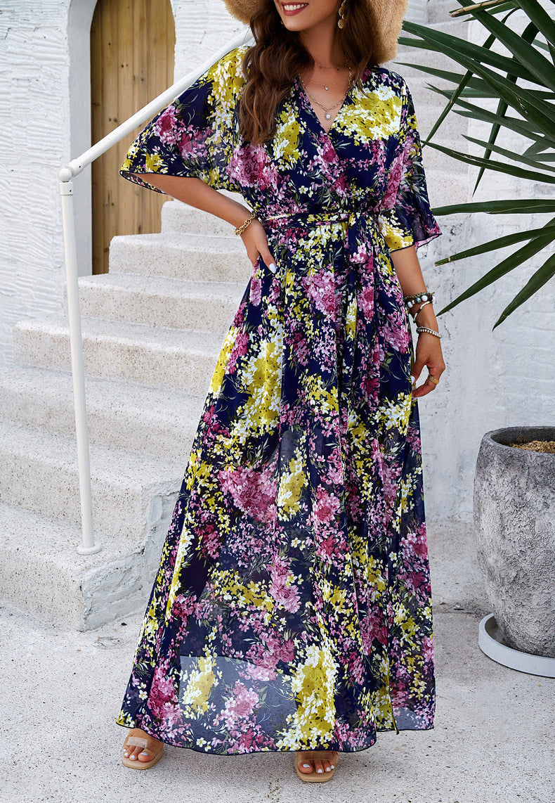 Robe plissée à imprimé floral et col en V 