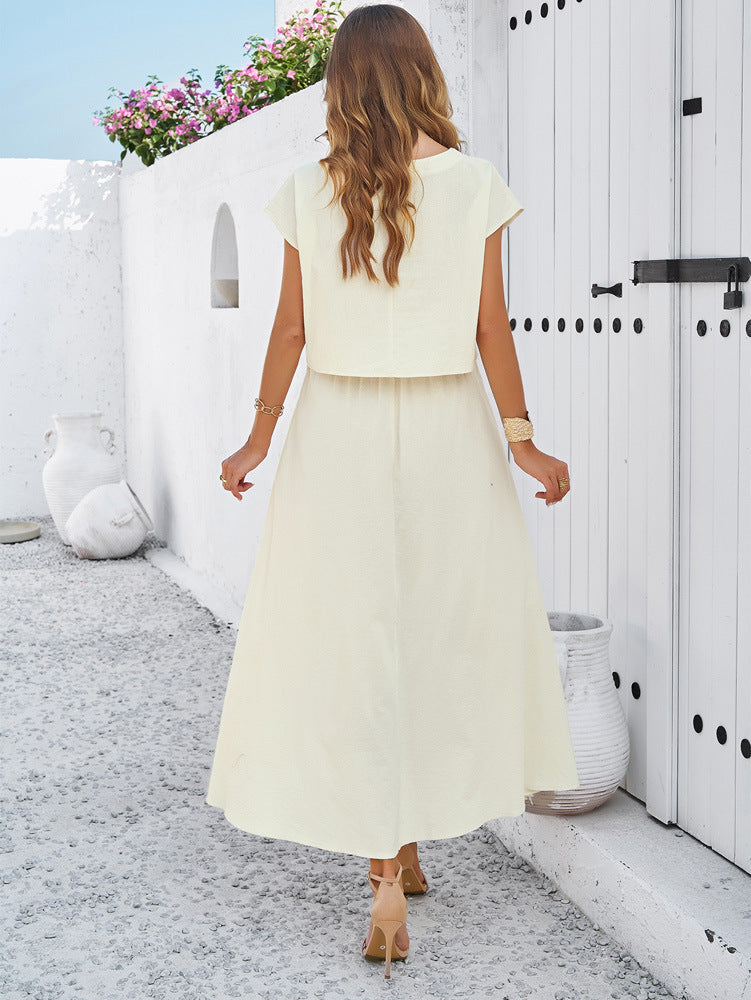 White Casual Sleeveless Top and Flared Long Skirt Suit