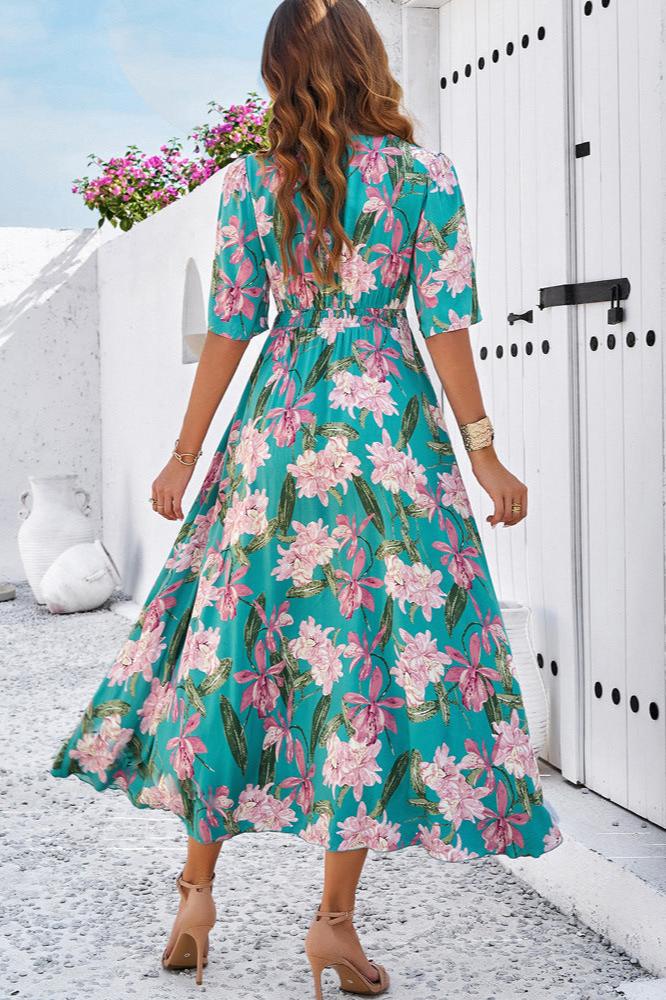 Robe mi-longue d'été chic à fleurs avec col en V et fente latérale 