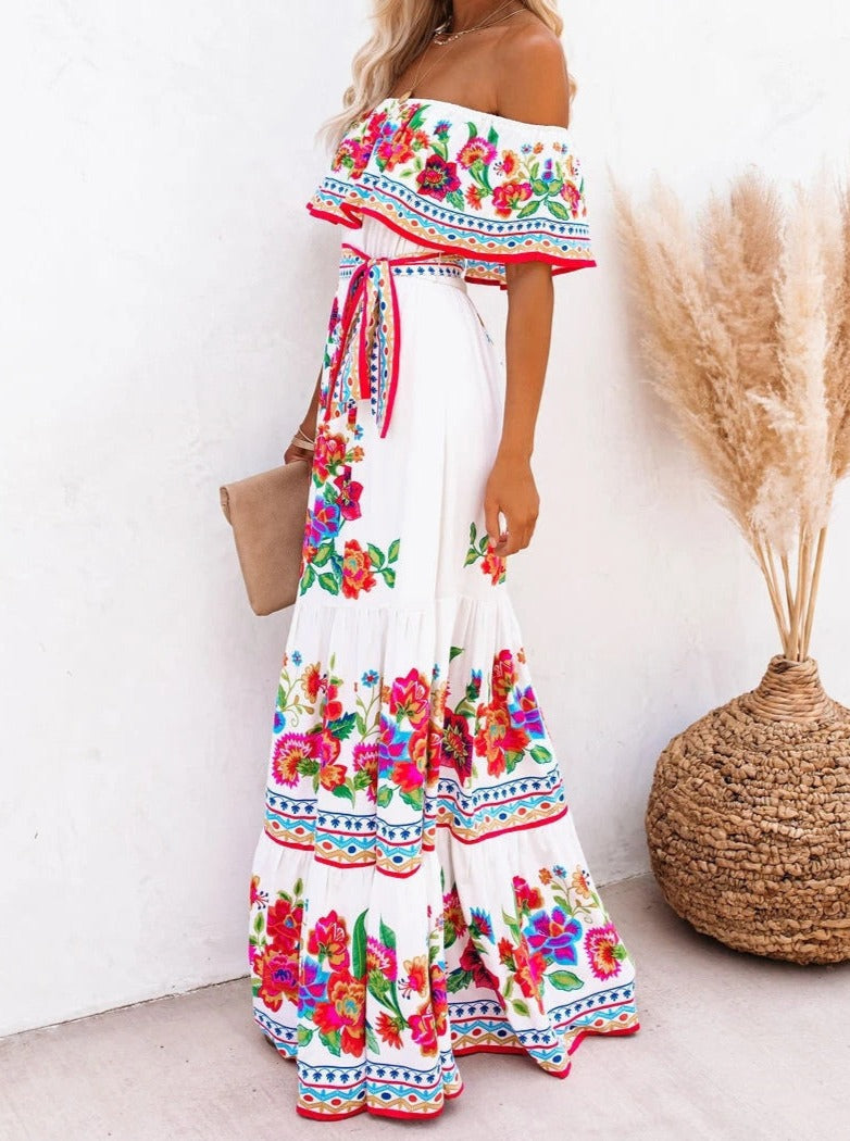 Boho Maxikleid Off-Shoulder Weiß Buntes Blumenmuster Rüschen Sommerkleid