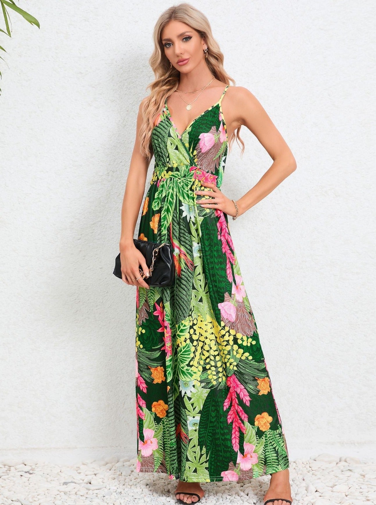 Robe longue à imprimé tropical vert foncé 