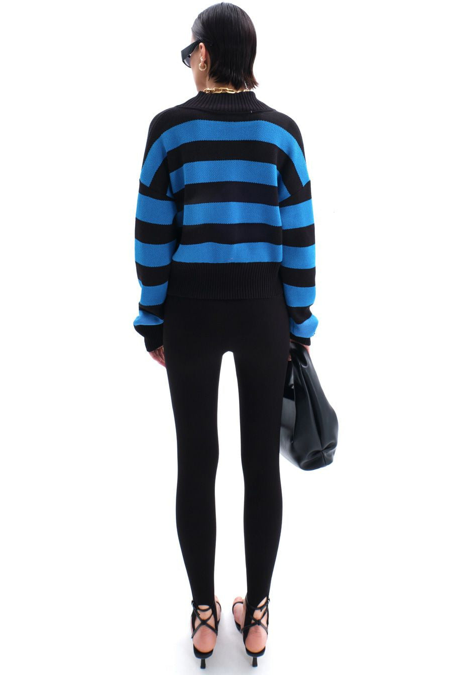 Blue Deep V-Neck Striped Knitted Sweater