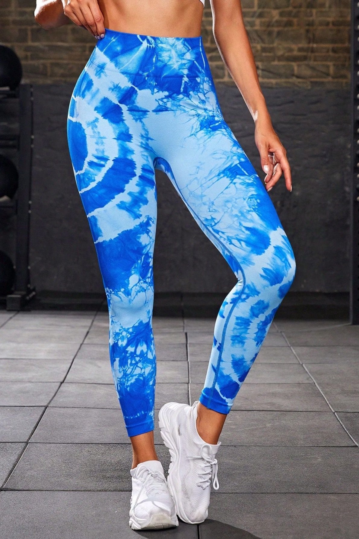 Pantalon de yoga taille haute bleu sans coutures avec imprimé tie-dye 