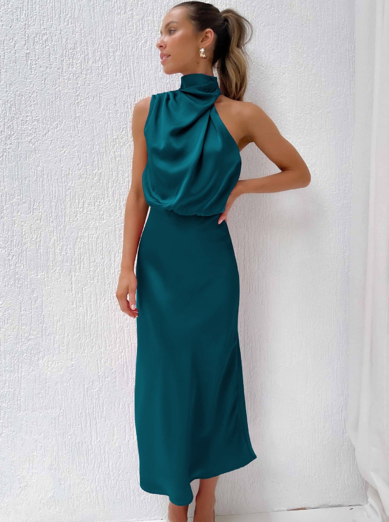 Elegantes Satinkleid Petrol Midi Hochgeschlossen Festlich Sommerabendkleid