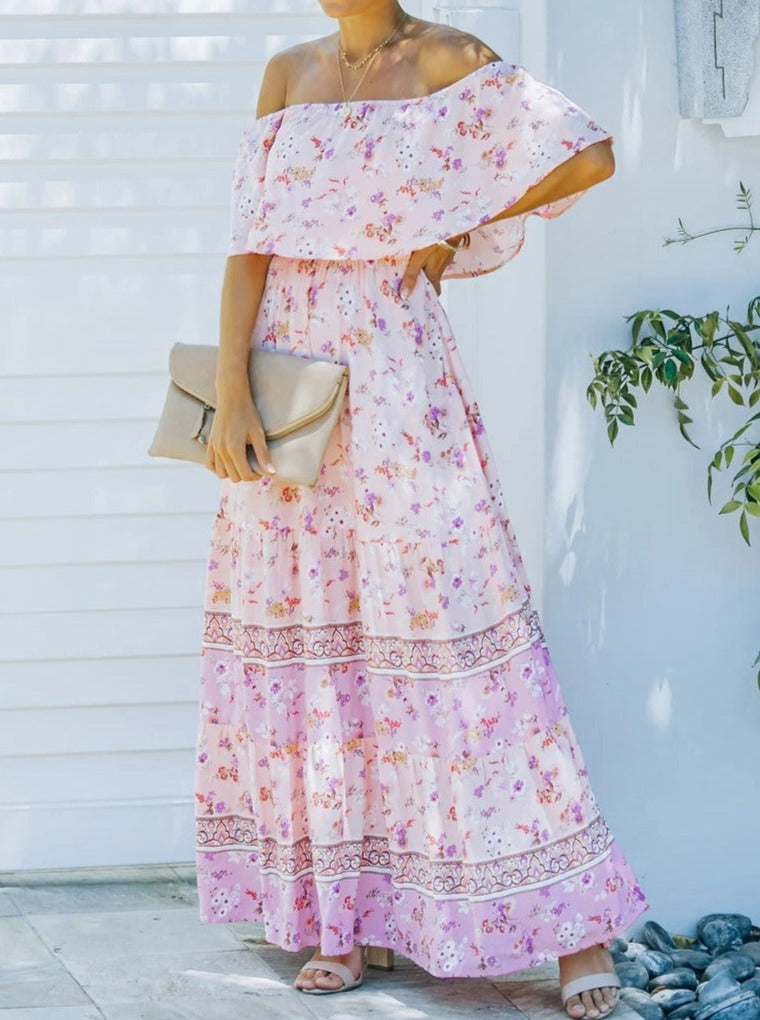 Robe longue à épaules dénudées à imprimé floral rétro rose