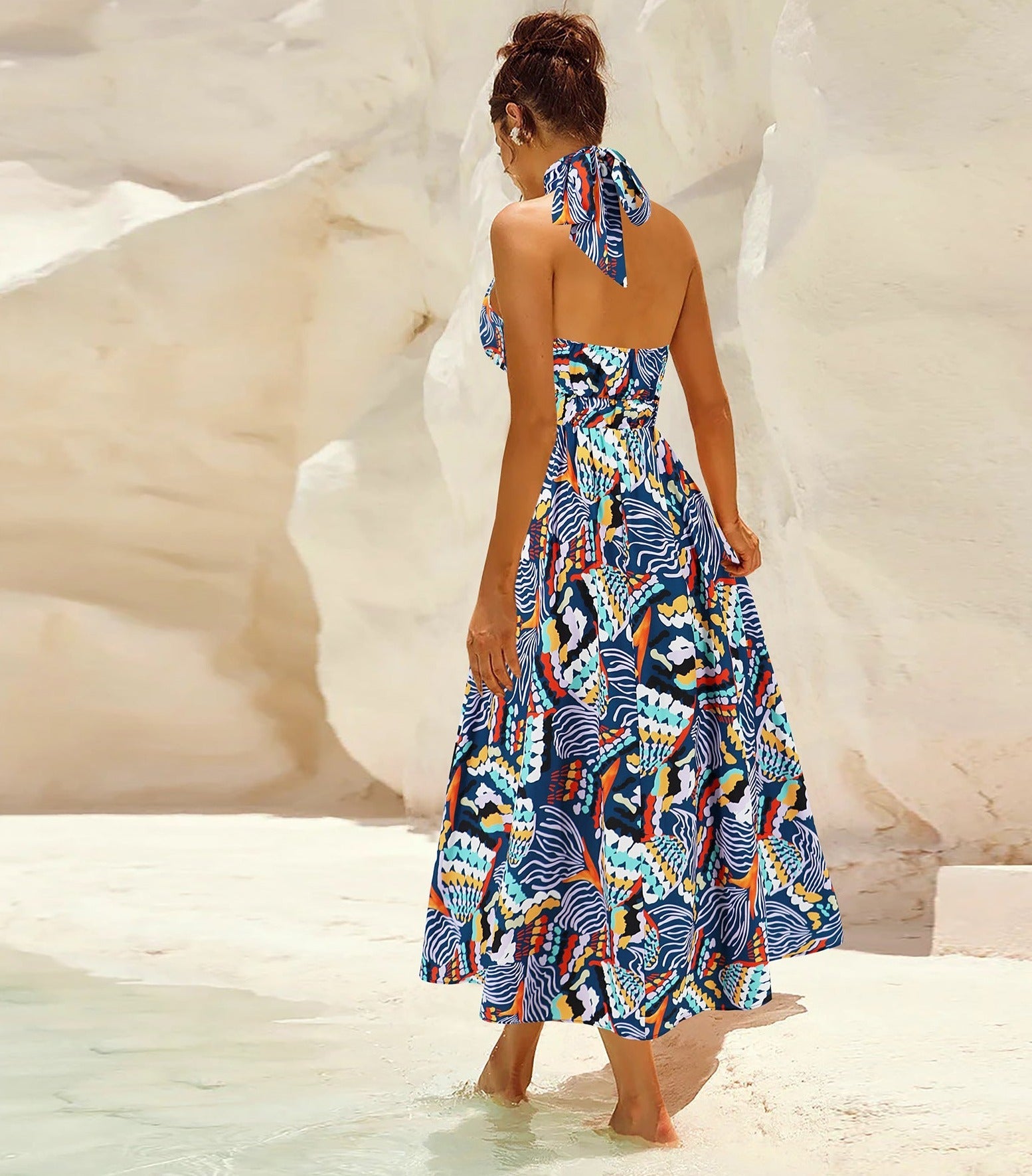 Robe d'été élégante sans manches à imprimé tropical 