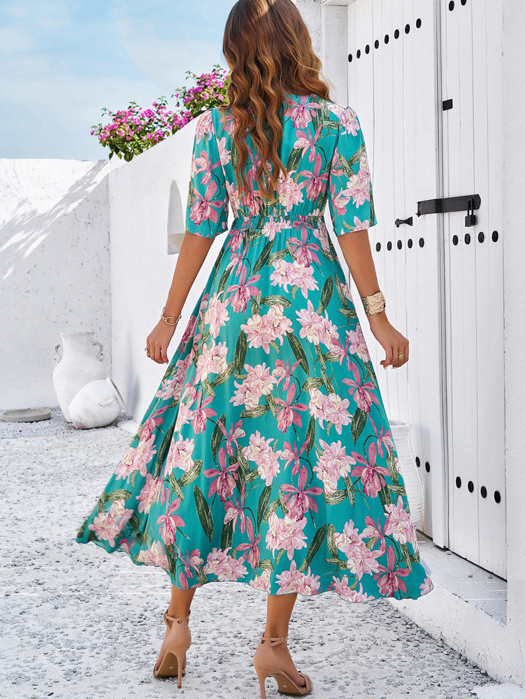 Robe trapèze ample à imprimé floral vert 