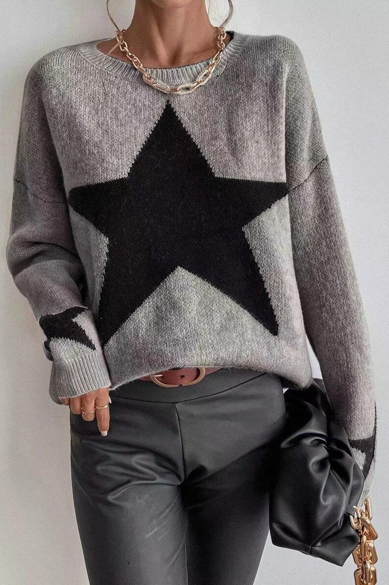 Pull gris à manches longues et imprimé étoiles 