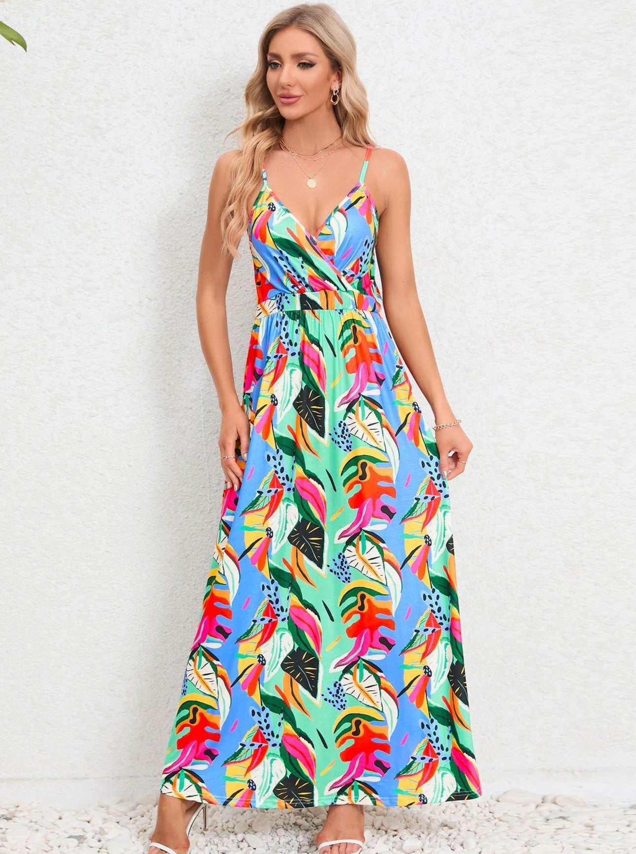 Robe longue à imprimé tropical multicolore 