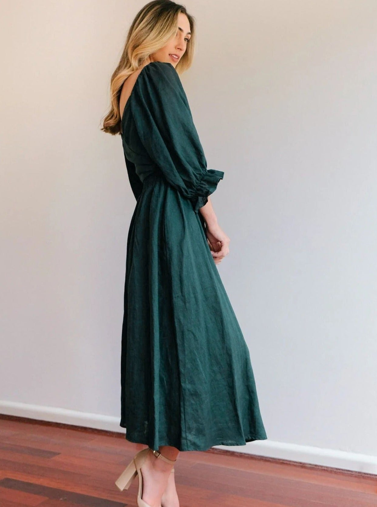 Robe élégante à manches lanternes à volants émeraude 