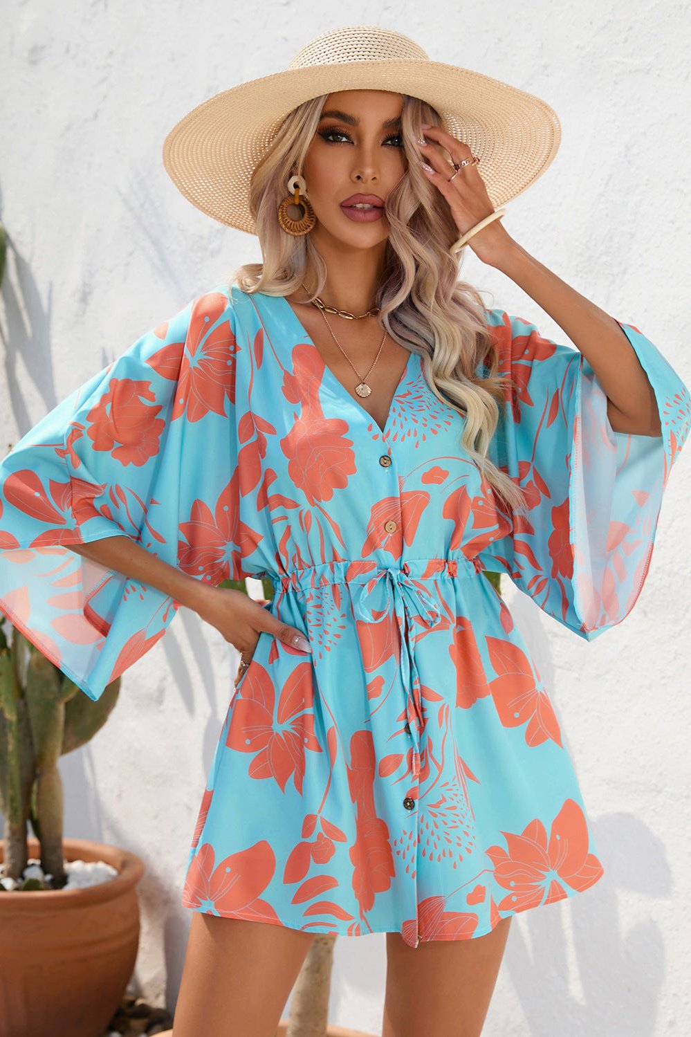 Mini-robe à manches courtes à imprimé tropical bleu 