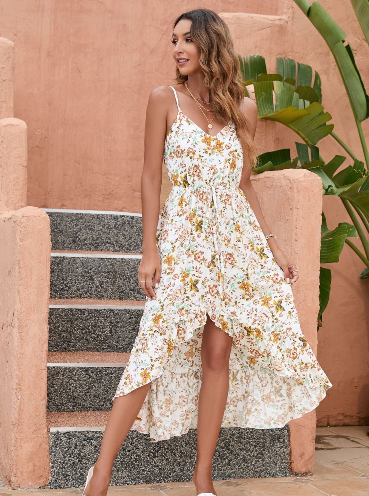 Robe asymétrique sans manches à imprimé floral 