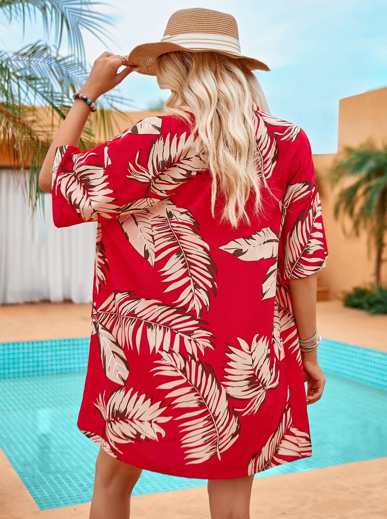 Tropical Print Short Sleeve Cardigan Drawstring Short Two Piece