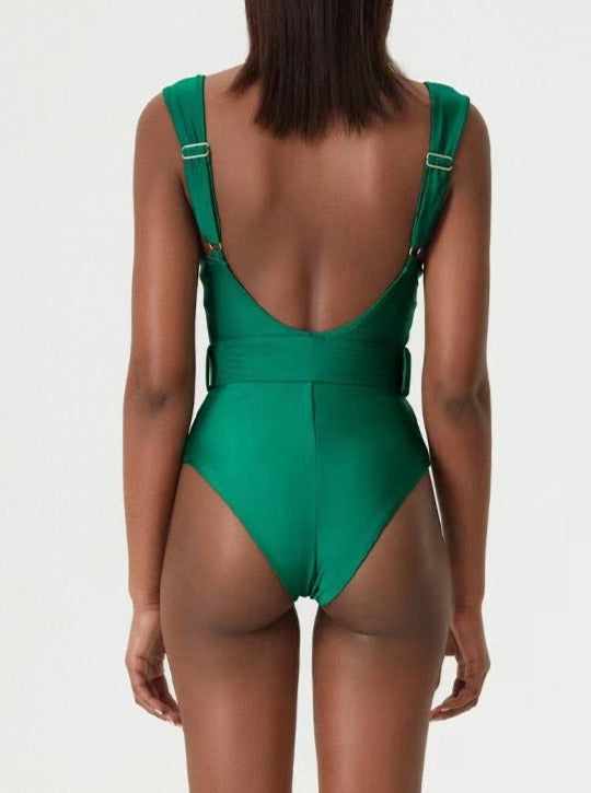 Maillot de bain bikini sexy vert à col en V et ceinture taille haute 