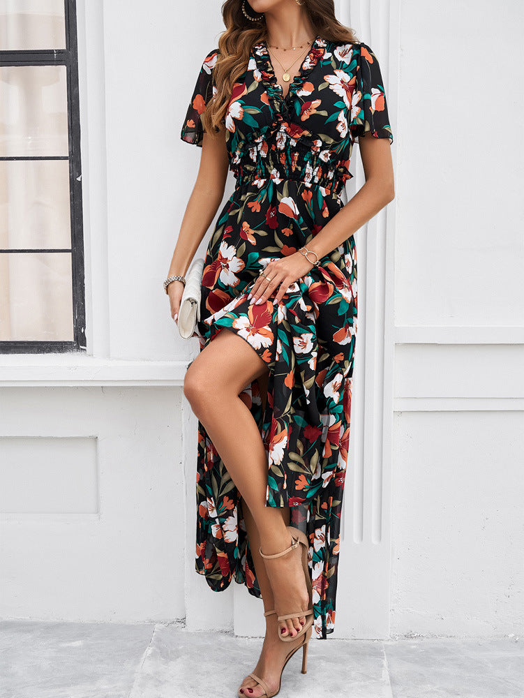 Robe d'été à imprimé floral noir et vert à col en V 