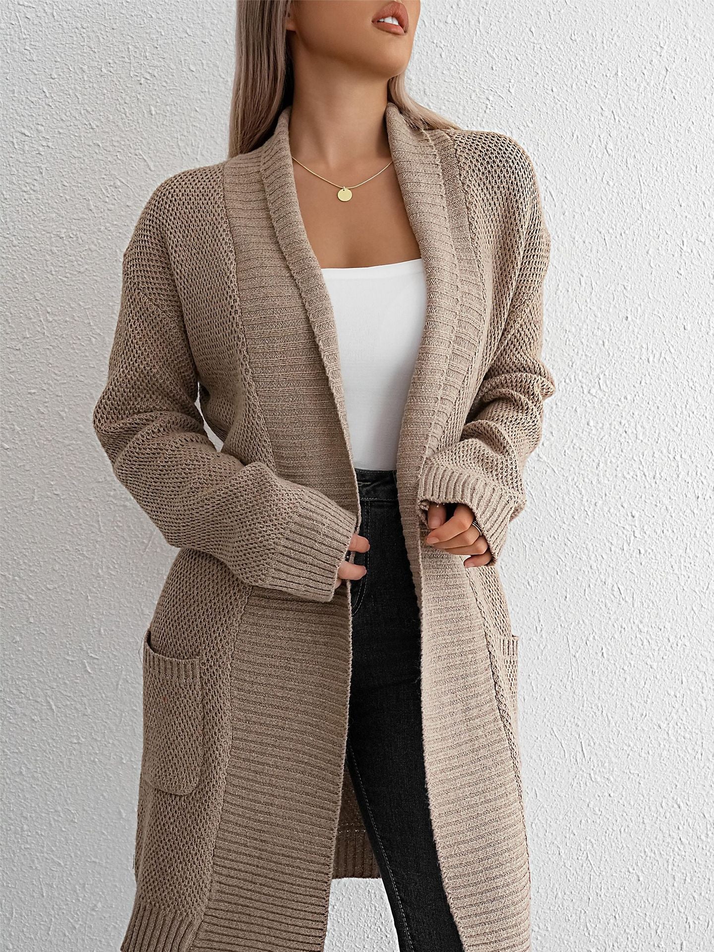 Lange Strickjacke Damen | Casual Cardigan mit Offener Front in Beige, Blau & Grau – Perfekt für Herbst & Winter