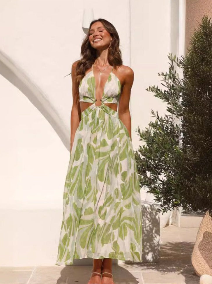 Robe dos nu à col en V profond et imprimé tropical 