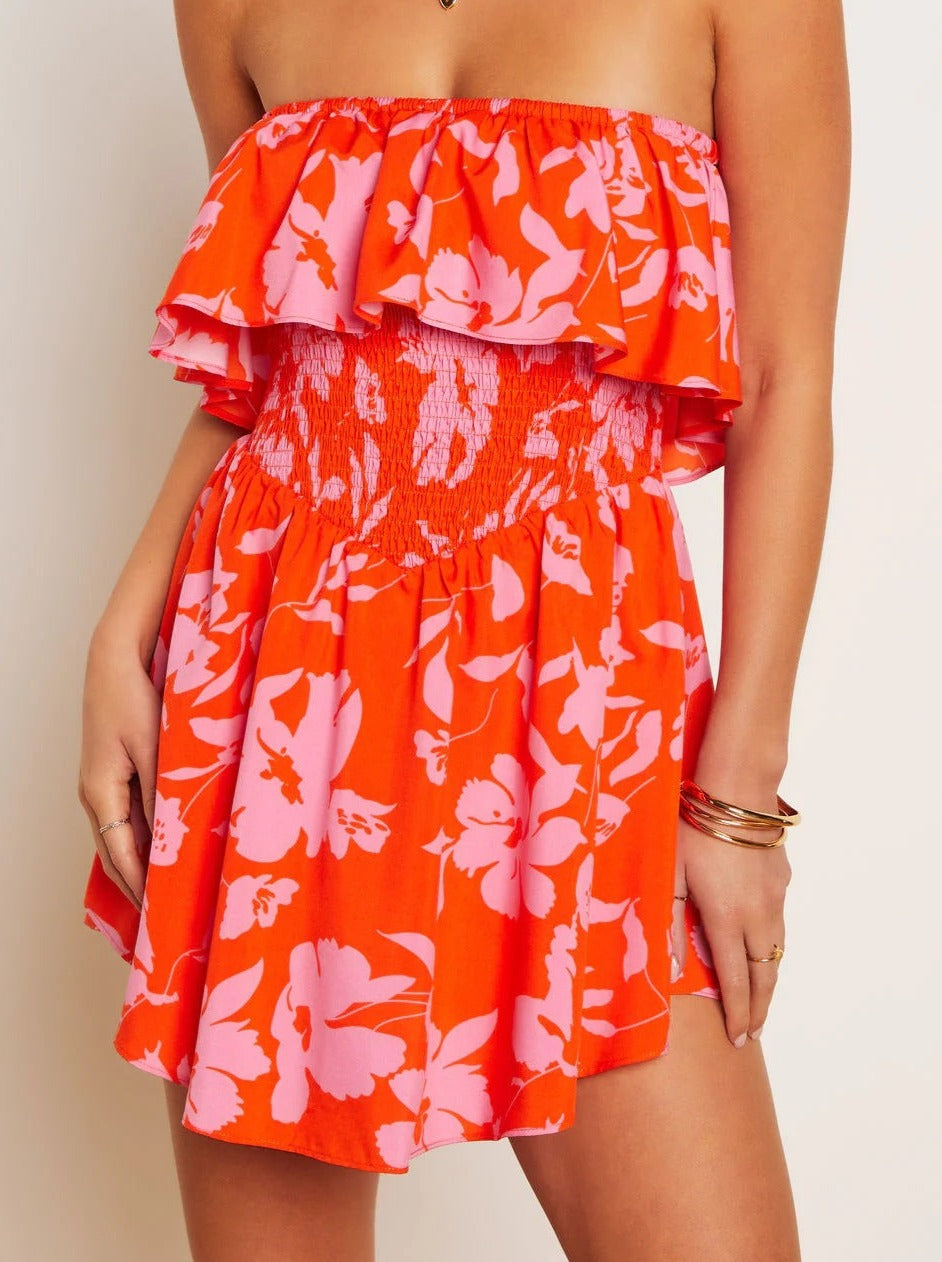 Robe bustier rouge à imprimé tropical 