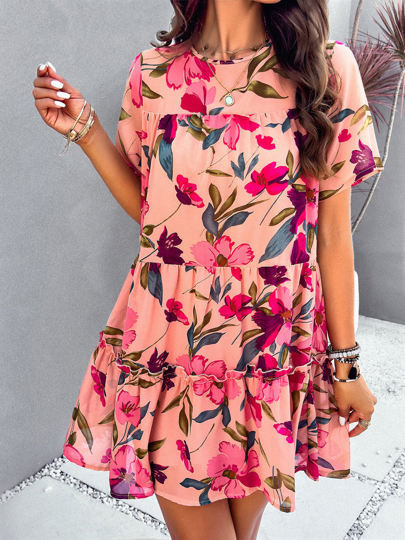 Robe à manches courtes imprimée rose pour les loisirs 