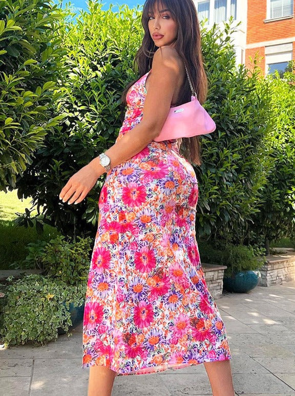 Robe d'été sexy à imprimé floral et fente révélatrice 