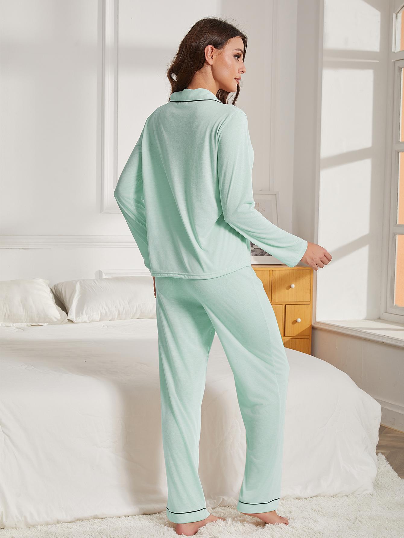 Ensemble de pyjama décontracté vert clair à col souple 