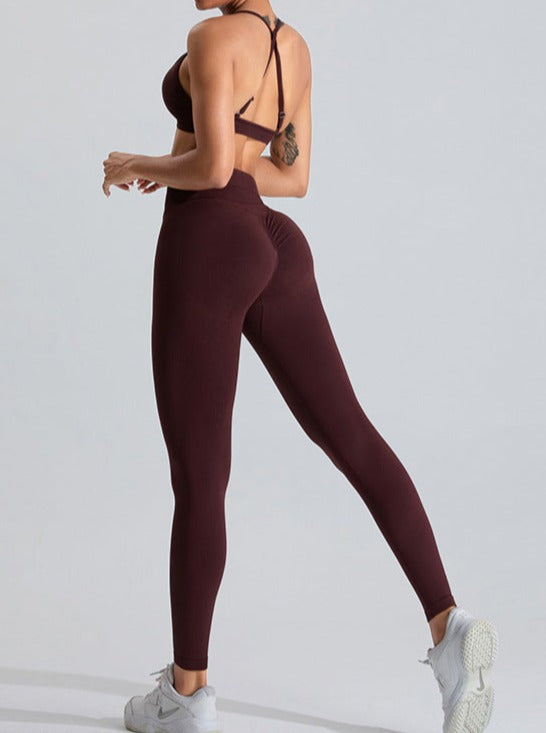 Pantalon de sport taille haute rouge foncé rehaussant le ventre 