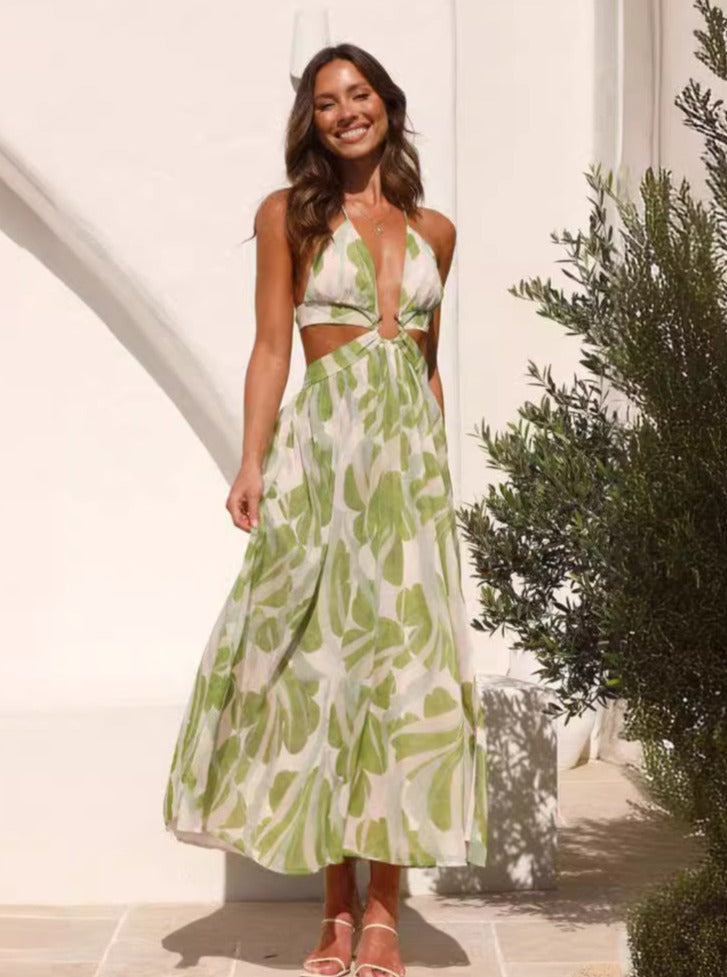 Robe dos nu à col en V profond et imprimé tropical 