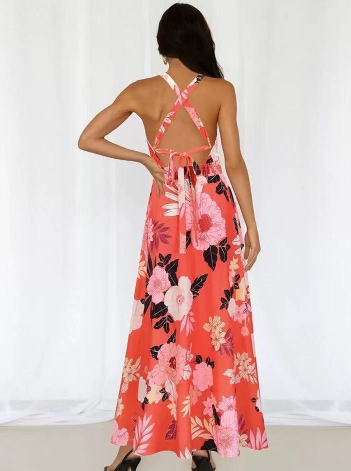 Robe longue à imprimé floral avec col licou et dos nageur 