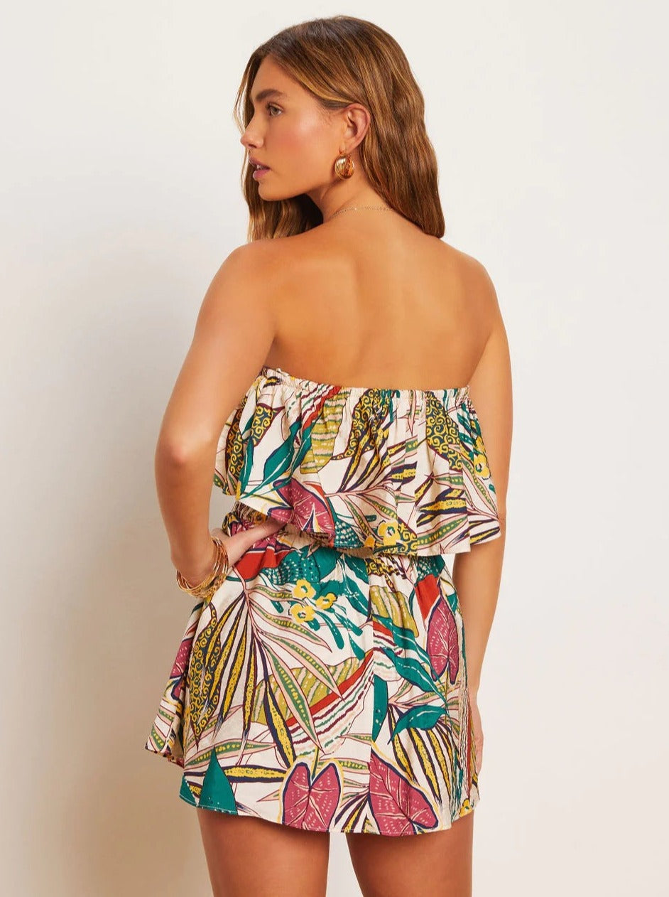 Robe bustier verte à imprimé tropical 