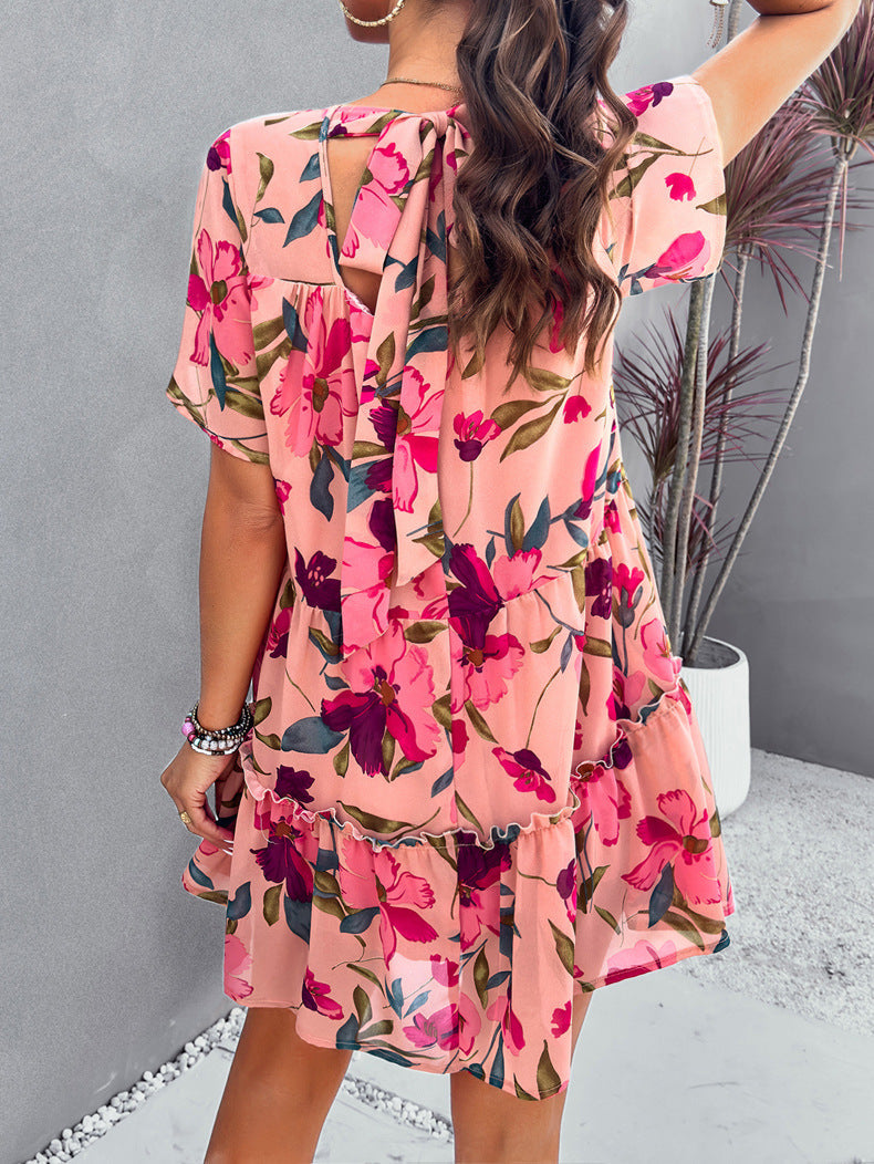 Robe à manches courtes imprimée rose pour les loisirs 