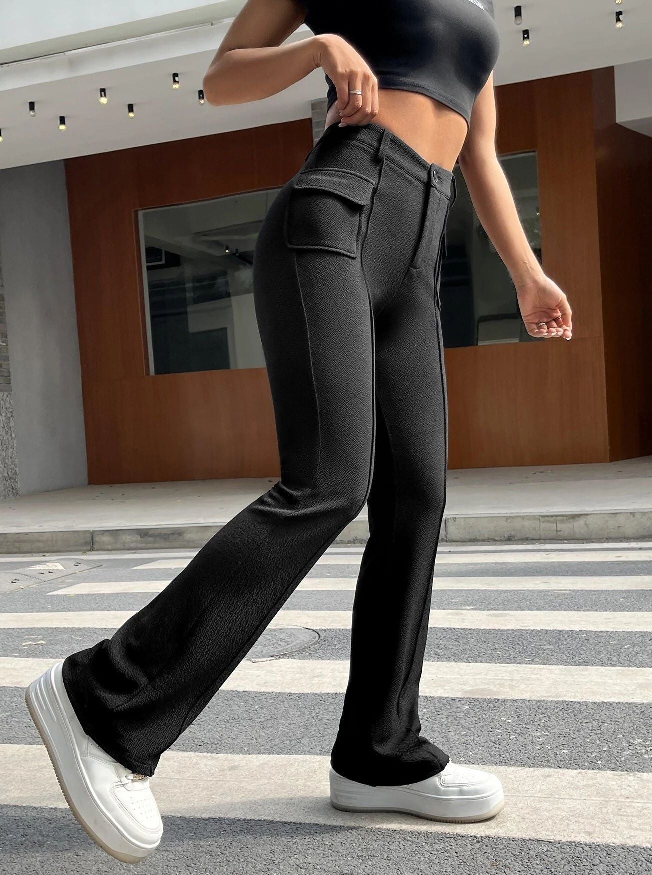 Pantalon évasé élastique taille haute