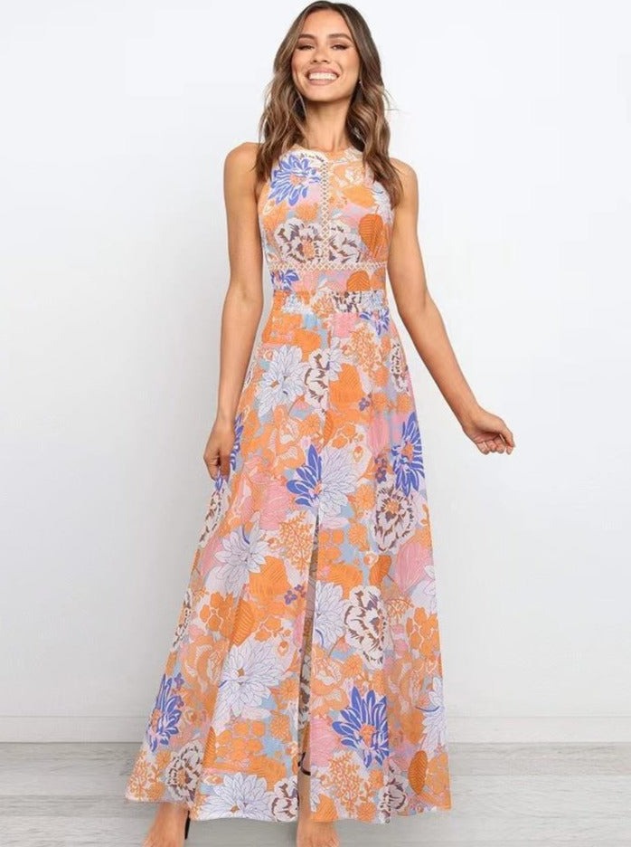 Robe longue à imprimé floral avec col licou et dos nageur 