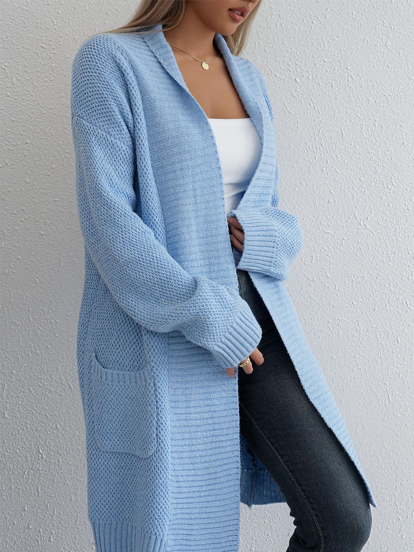 Lange Strickjacke Damen | Casual Cardigan mit Offener Front in Beige, Blau & Grau – Perfekt für Herbst & Winter