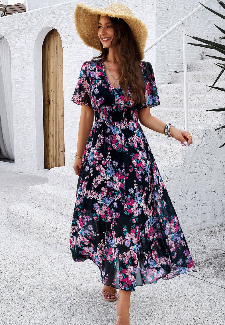 Robe d'été à imprimé floral et col en V 