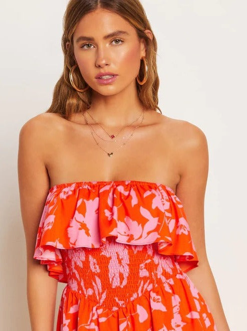 Robe bustier rouge à imprimé tropical 