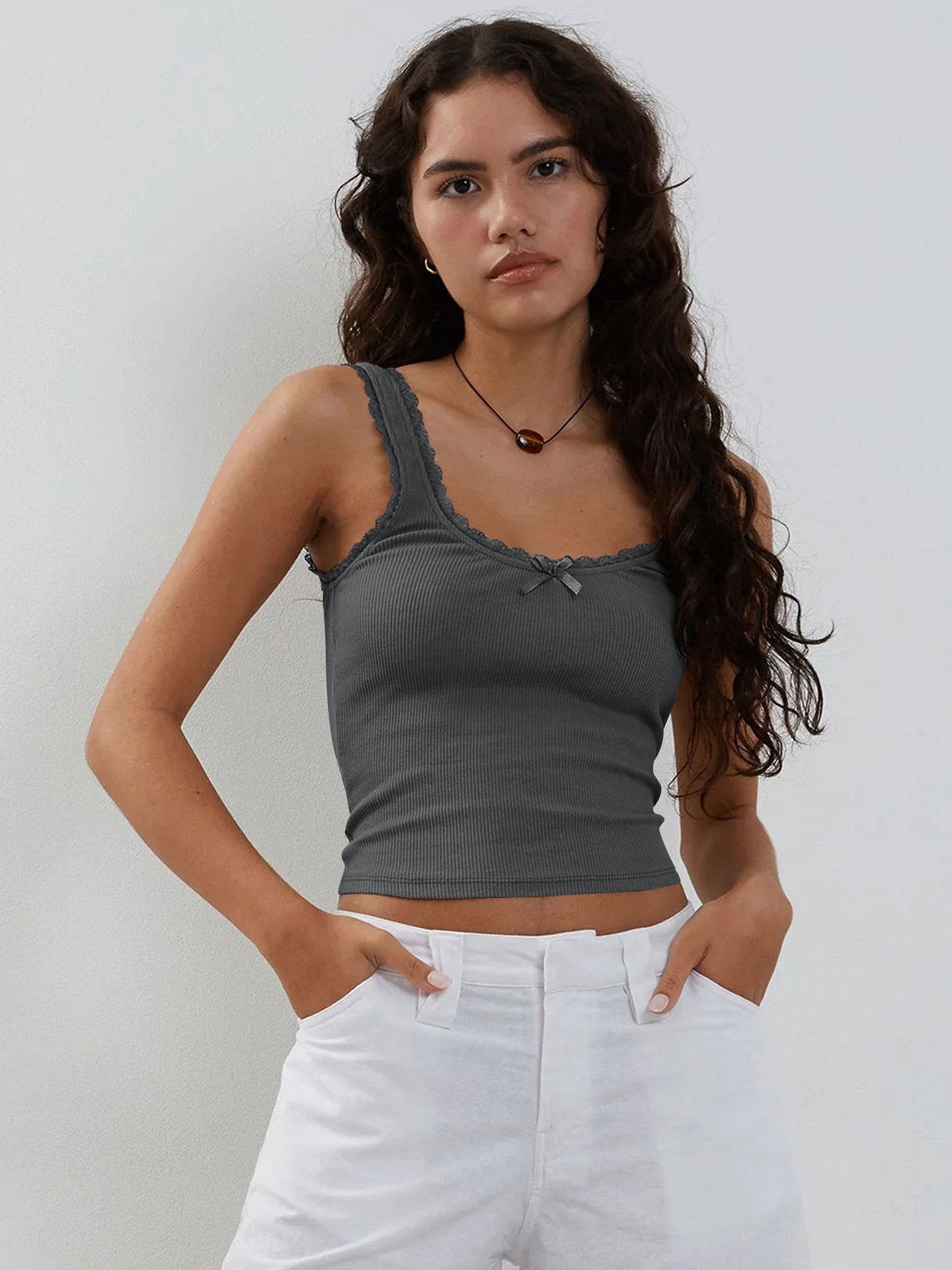 Dark Grey Tank Lace Sleeveless Crop Top