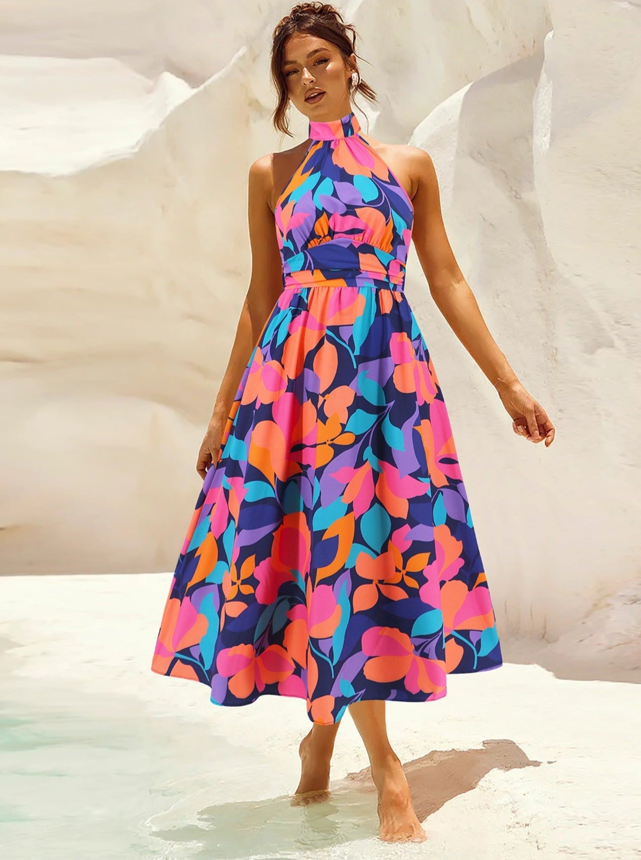 Robe d'été élégante sans manches à imprimé tropical 