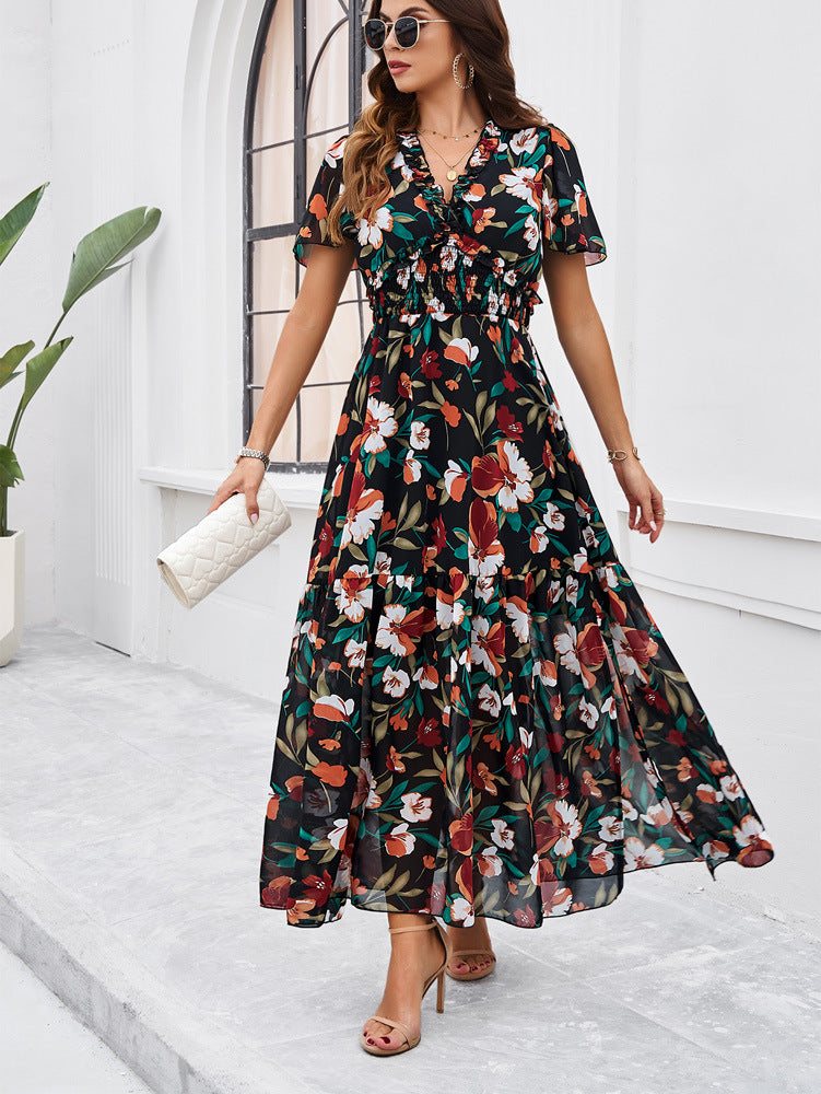 Robe d'été à imprimé floral noir et vert à col en V 