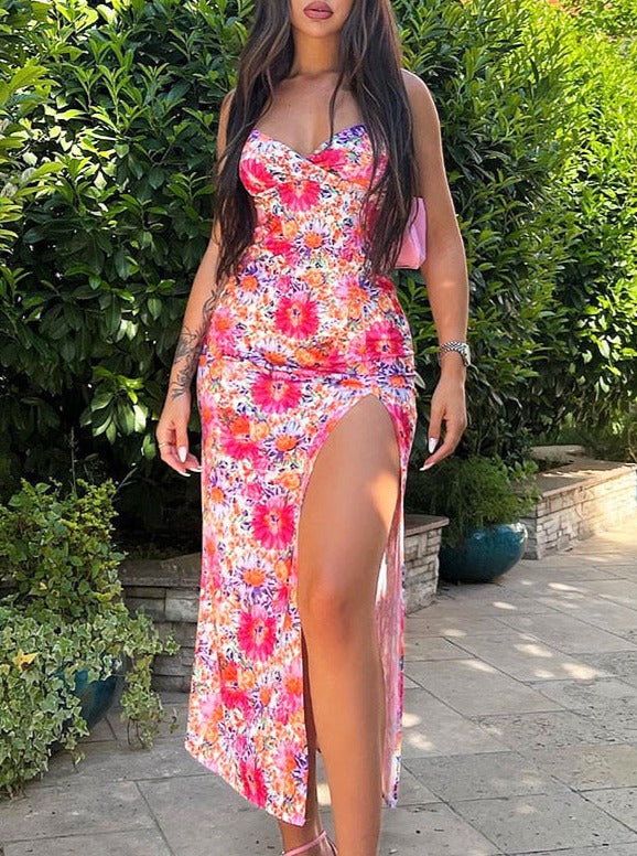 Robe d'été sexy à imprimé floral et fente révélatrice 