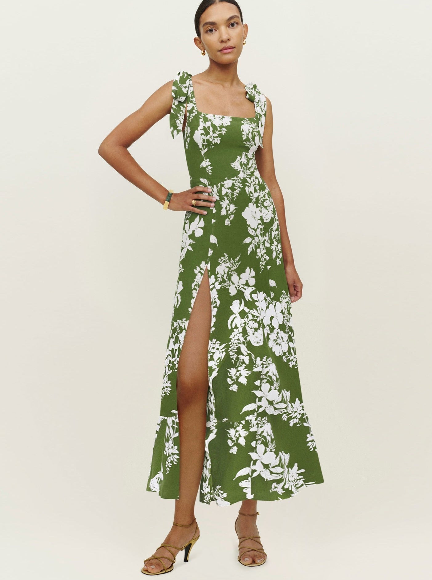 Robe fendue à col carré et bretelles à imprimé floral vert 