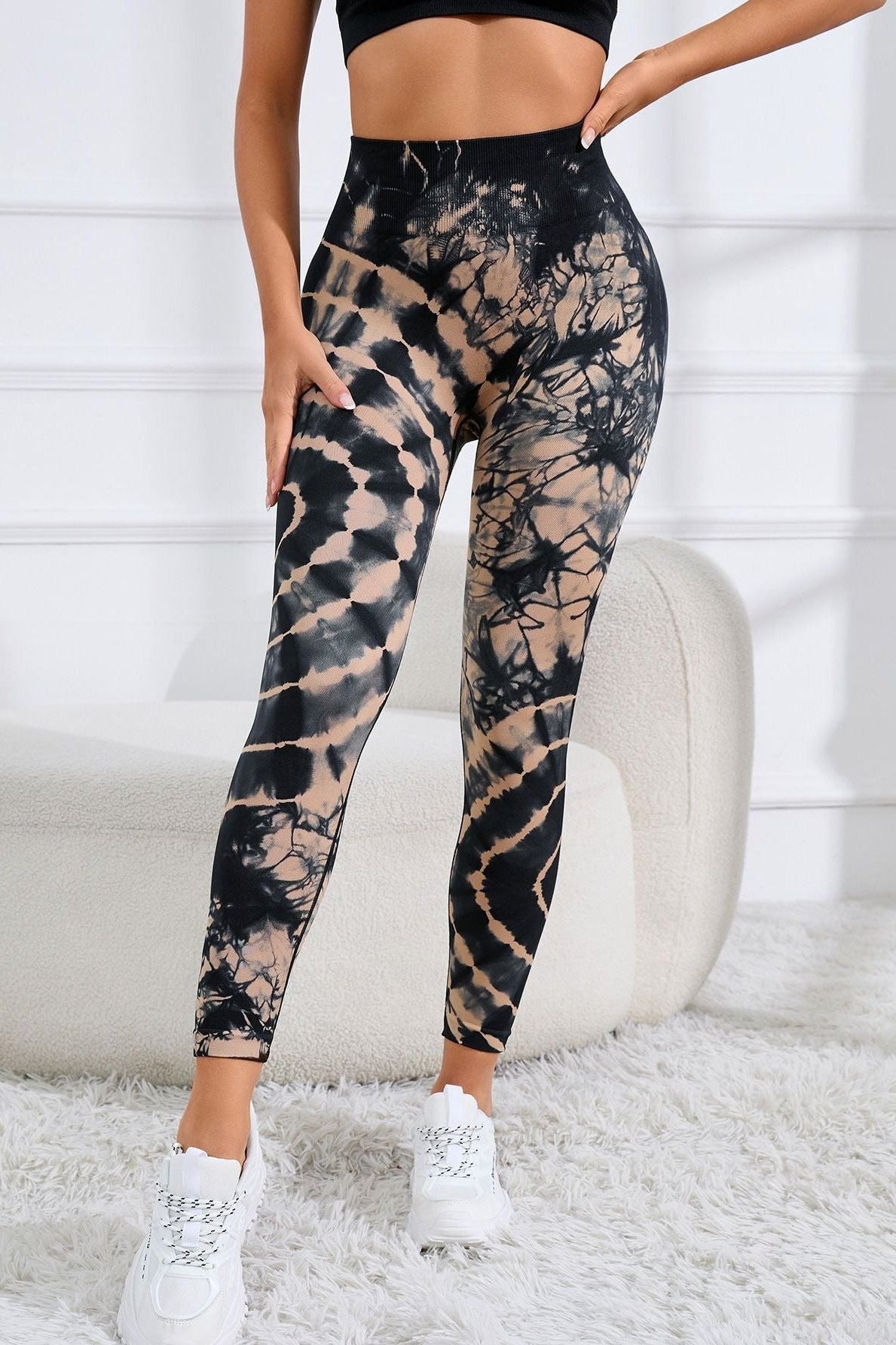 Pantalon de yoga taille haute noir sans coutures avec imprimé tie-dye 